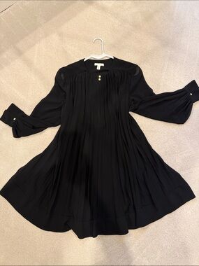 H&M Black Babydoll Pleated Long-Sleeve Dress with Gold Buttons